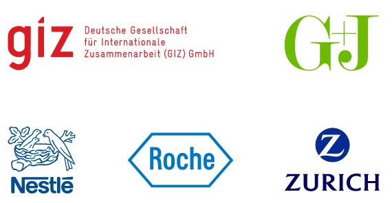 Kundenlogos: Deutsche Gesellschaft für Internationale Zusammenarbeit (GIZ) GmbH, G+J, Nestle, Roche, Zurich