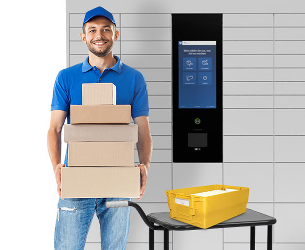 A parcel delivery person delivers packages to the locker system
