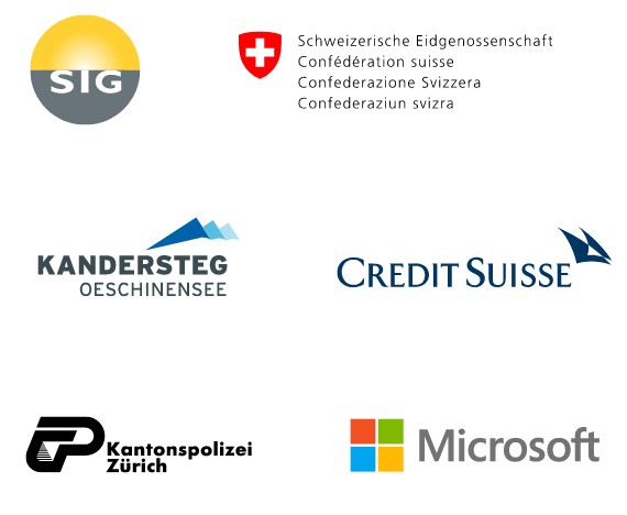 Referenten Logos - SIG, Schweizerische Eidgenossenschaft, Kandersteg Oeschinensee, Credit Suisse, Kantonspolizei Zürich, Microsoft